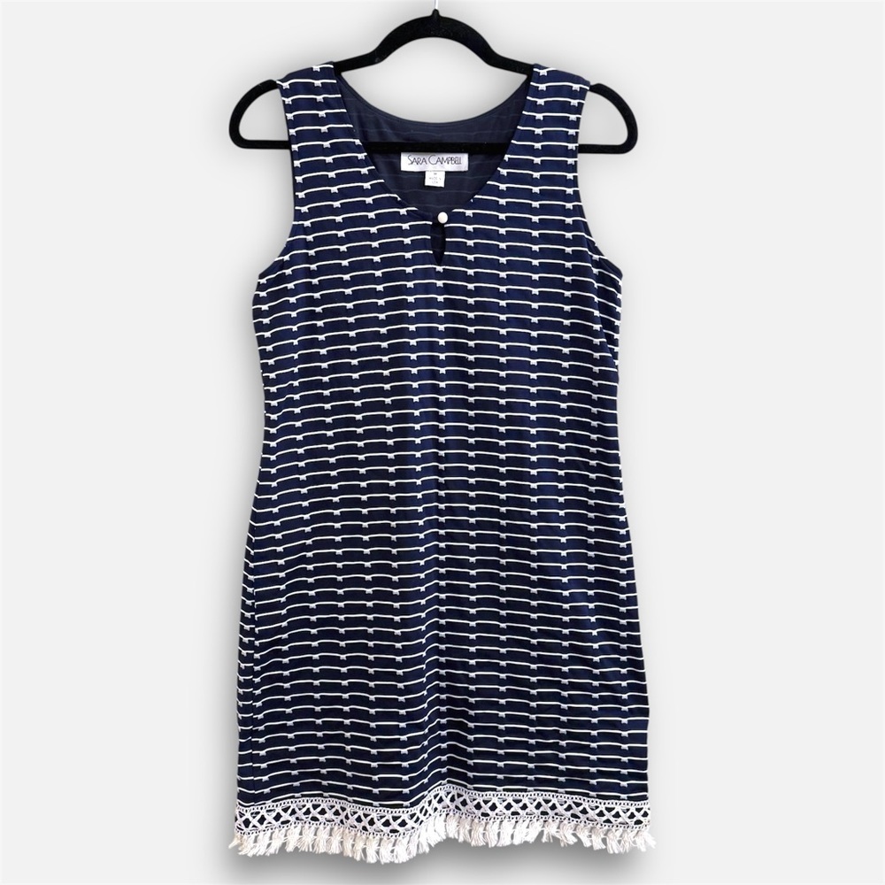 Sara Campbell Navy Stripe Shift Dress Tassel Fringe Hem Fully Lined Stretch M - Picture 12 of 13
